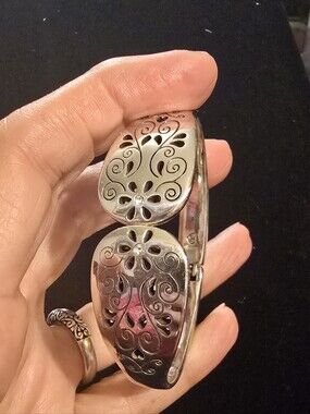 Brighton Silver Filigree Hinged Bangle Bracelet with Crystal Accents